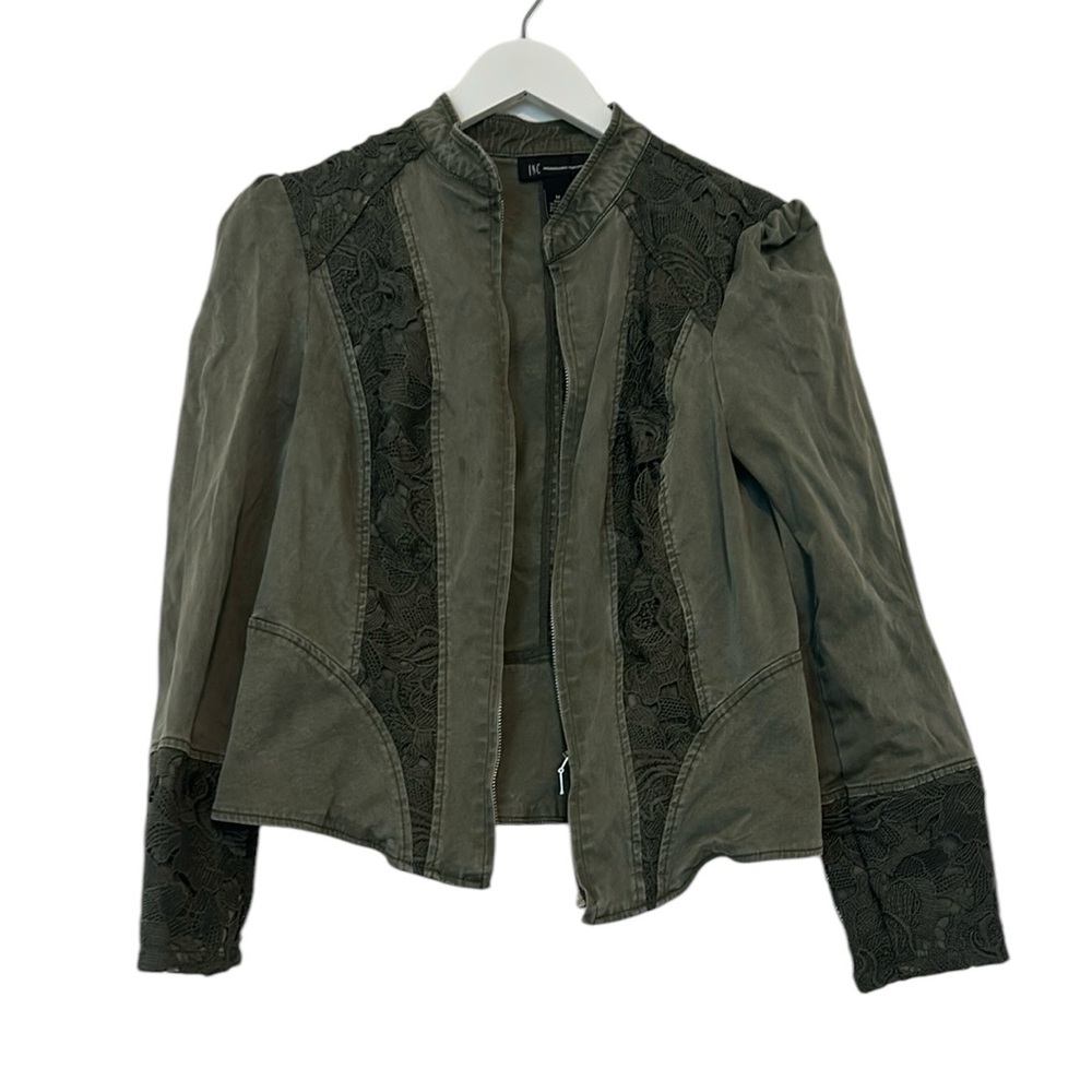I.N.C Puffed-Shoulder Lace-Contrast Jacket, Medium